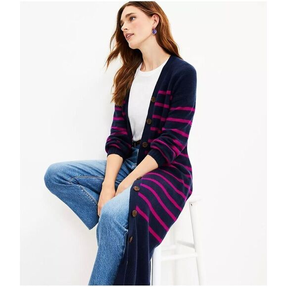 LOFT Long Cardigan Sweater Dress Women's Large Pink Navy Striped Knit Button Up - Picture 16 of 16